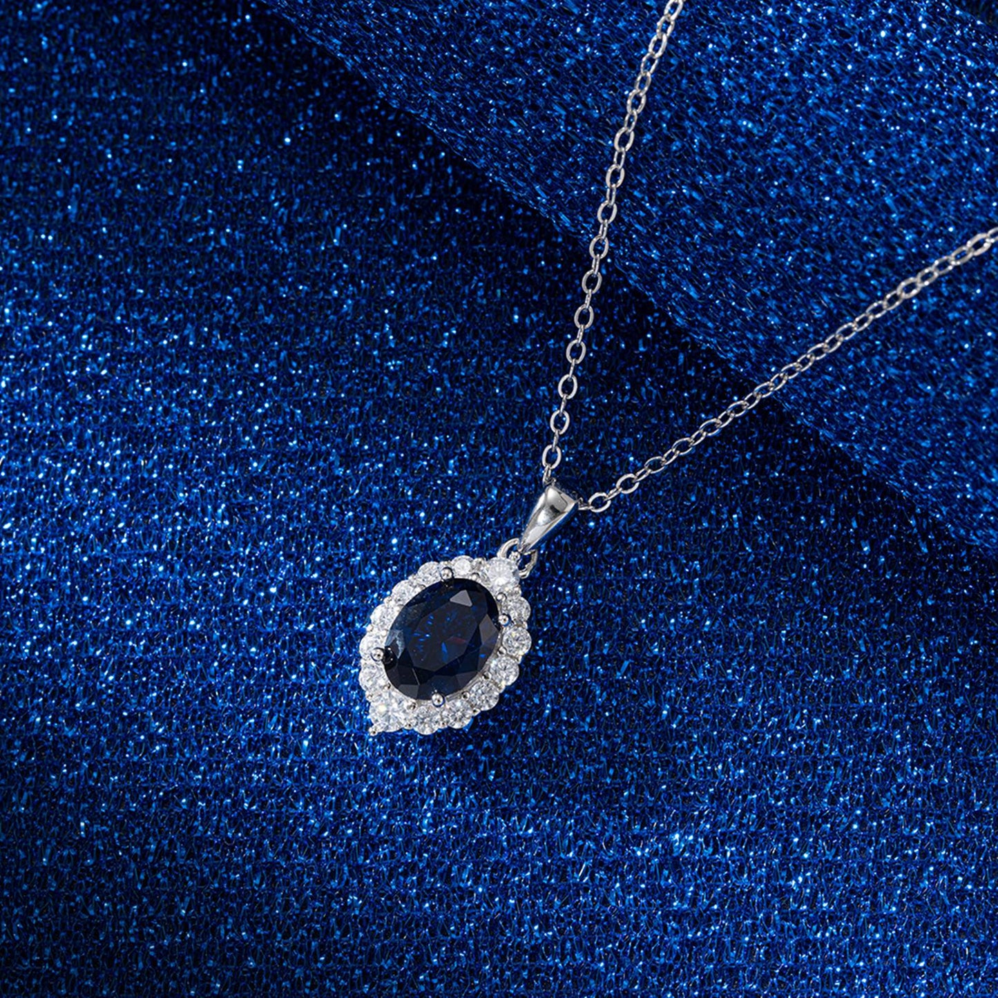 Set din argint elegant lacrima oval colier si cercei cu safir albastru si cristale zirconiu cesini dama