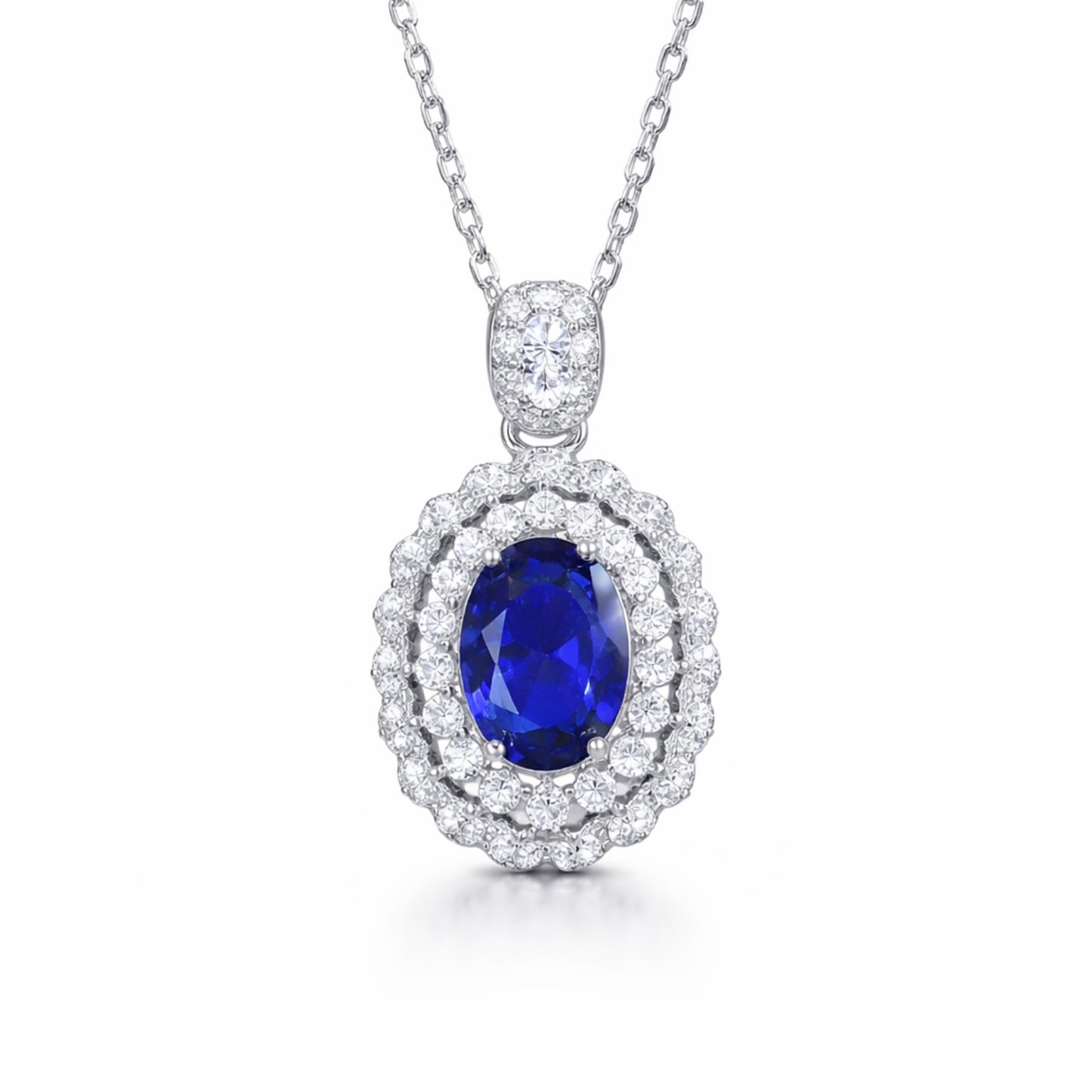 Colier din argint elegant oval cu safir albastru si cristale zirconiu cesini
