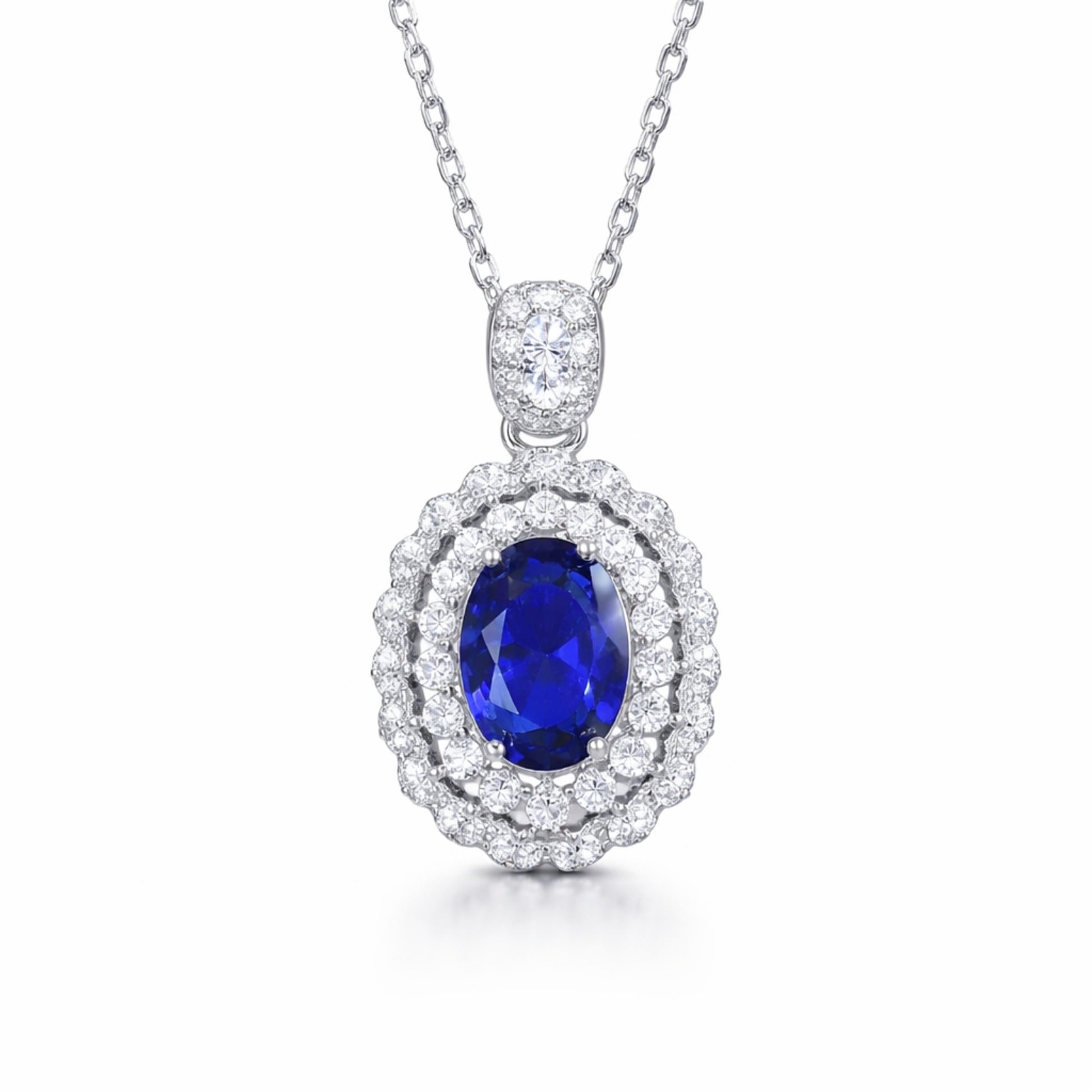 Colier din argint elegant oval cu safir albastru si cristale zirconiu cesini