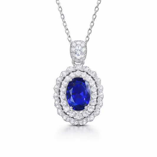 Colier din argint elegant oval cu safir albastru si cristale zirconiu cesini