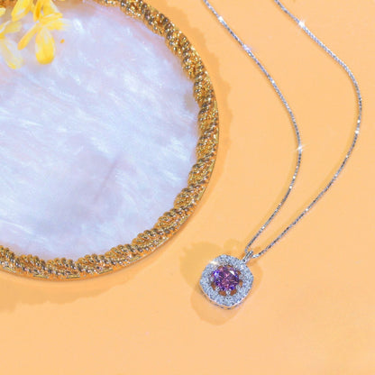 Colier din argint elegant patrat cu safir albastru si cristale zirconiu cesini cadou