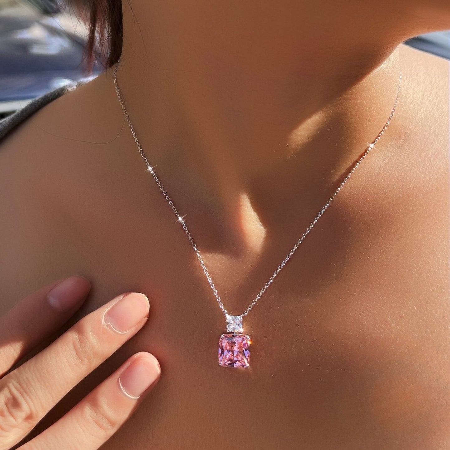 Colier din argint elegant patrat cu cristale zirconiu cesini femei