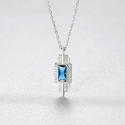 Colier din argint elegant rectangular cu safir albastru si cristale zirconiu cesini cadou