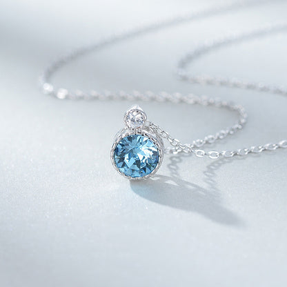 Set din argint elegant rotund colier si cercei cu safir albastru si cristale zirconiu cesini dama