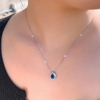 Colier din argint lacrima cu safir albastru si zirconiu cesini femei