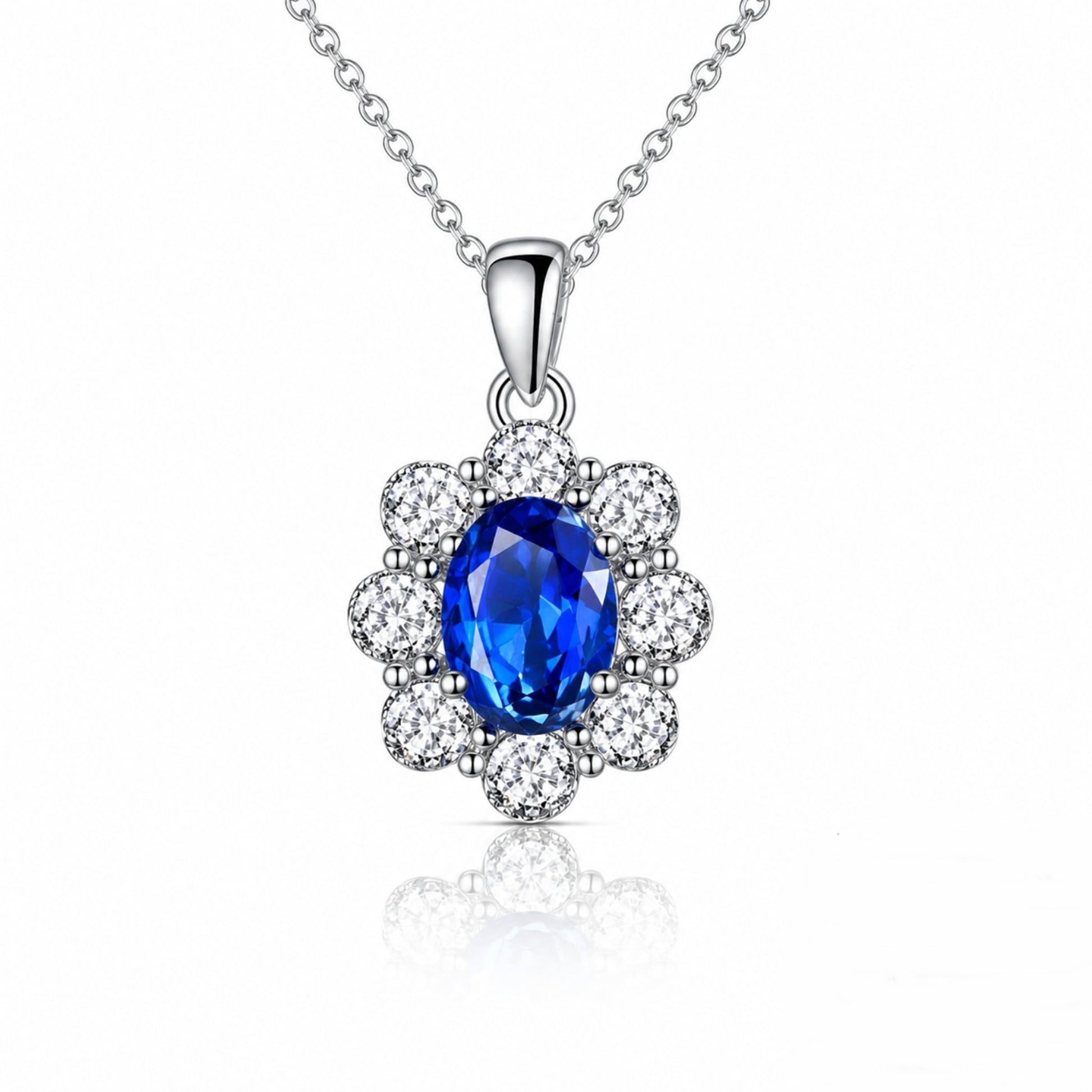 Colier din argint oval floare cu safir albastru si zirconiu cesini