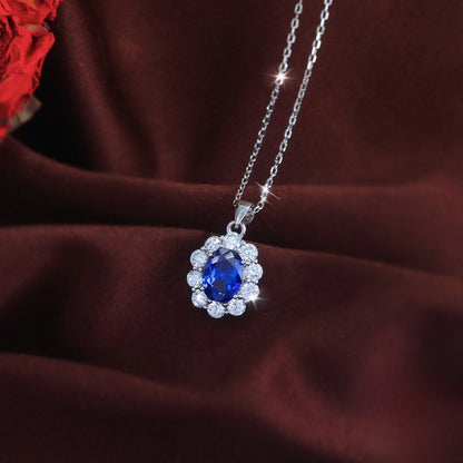 Colier din argint oval floare cu safir albastru si zirconiu cesini cadou