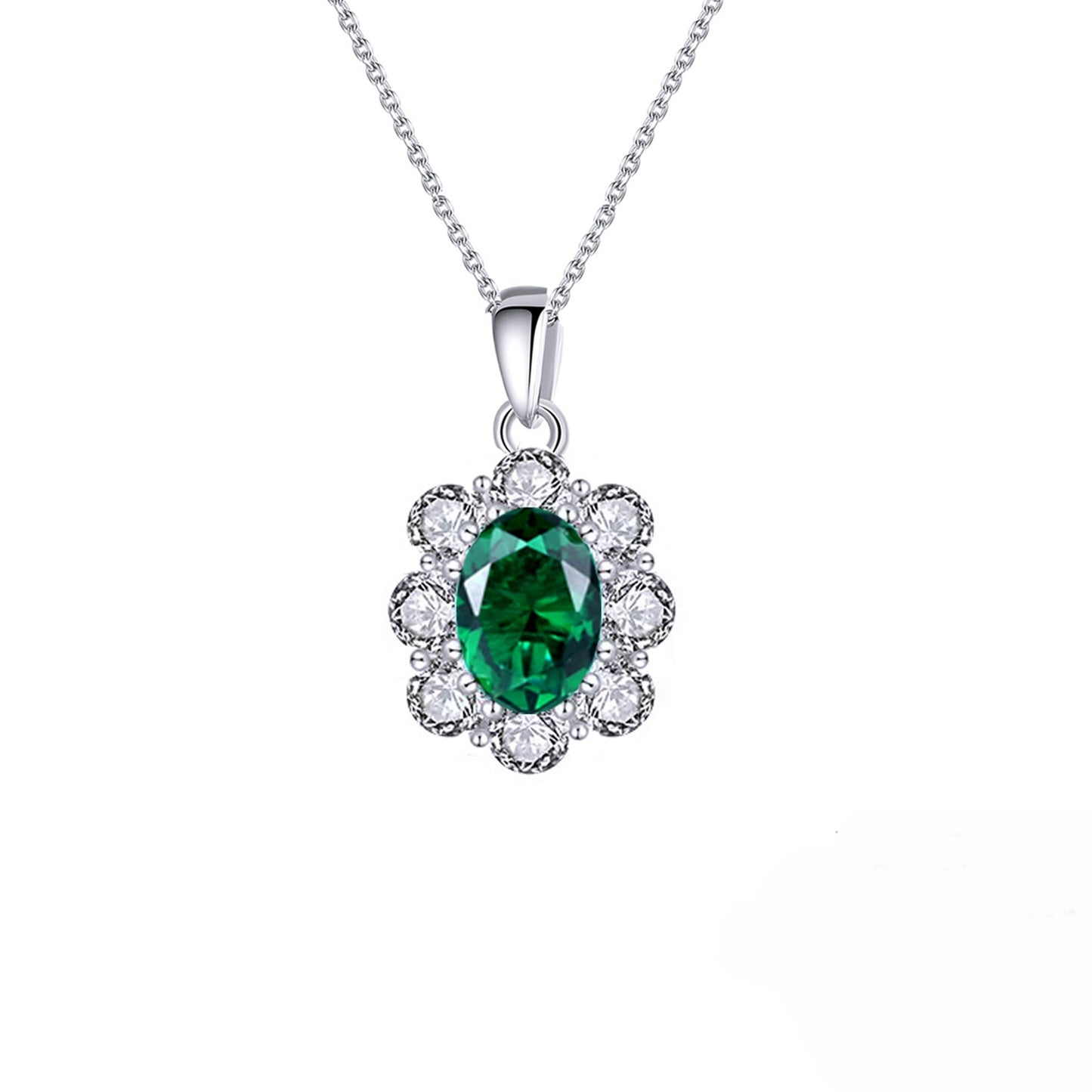 Colier din argint oval floare cu smarald verde si zirconiu cesini