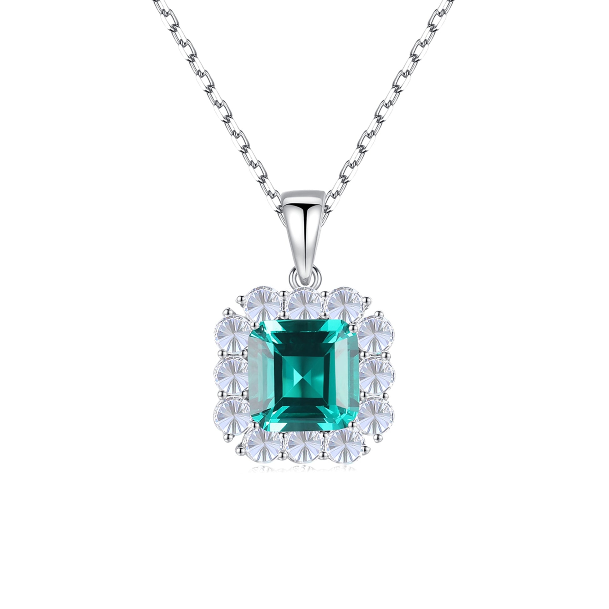 Colier din argint elegant patrat cu smarald verde si cristale zirconiu cesini