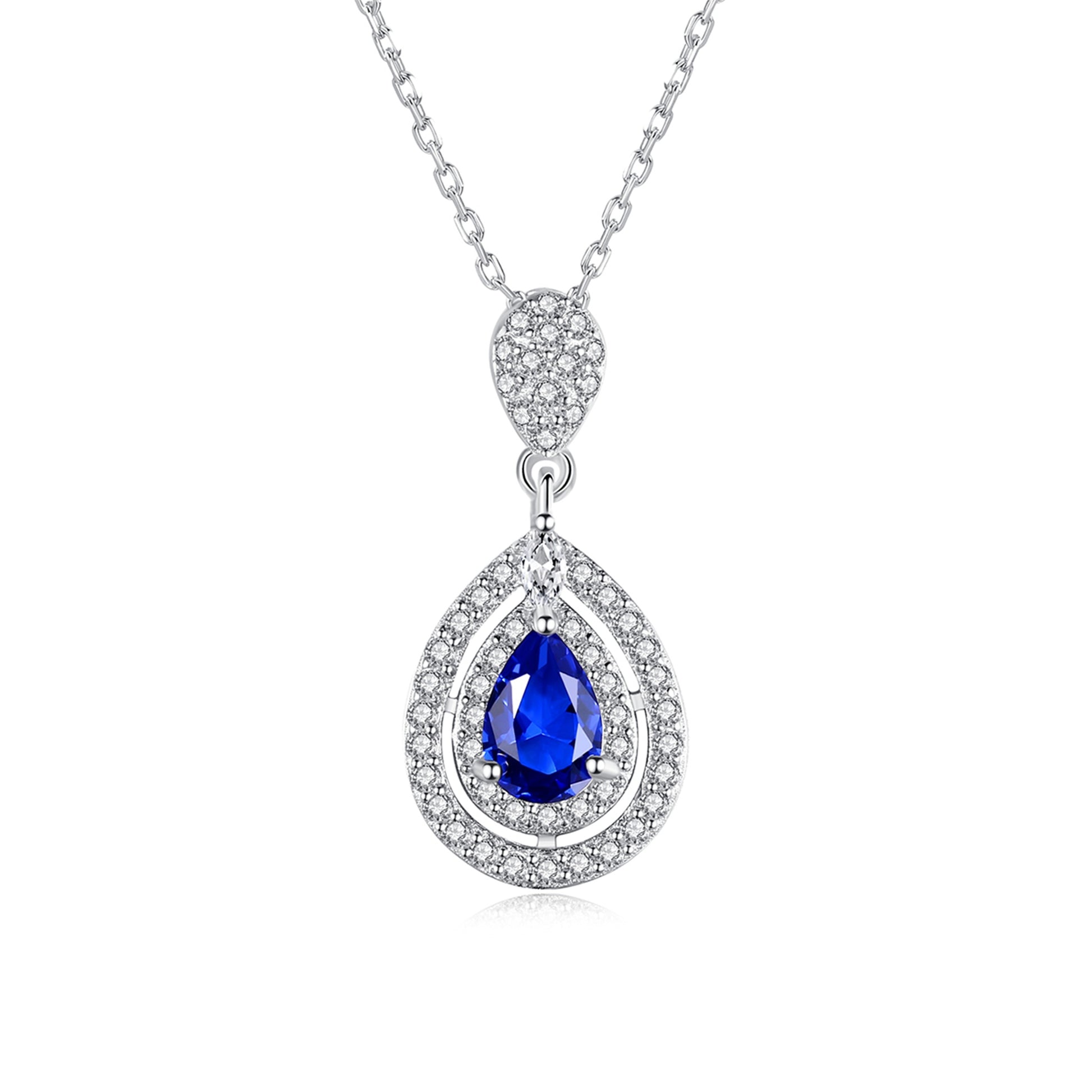Colier lantisor din argint elegant lacrima cu safir albastru si cristale zirconiu cesini
