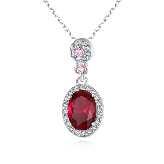 Colier lantisor din argint elegant oval cu rubin rosu si cristale zirconiu cesini