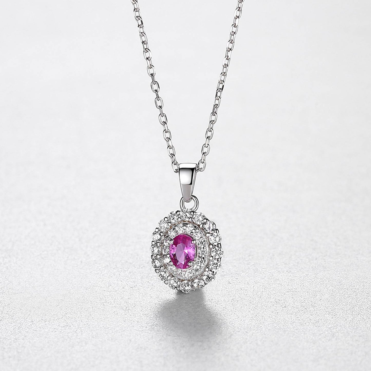 Colier lantisor din argint rotund elegant cu safir roz si cristale zirconiu cesini cadou