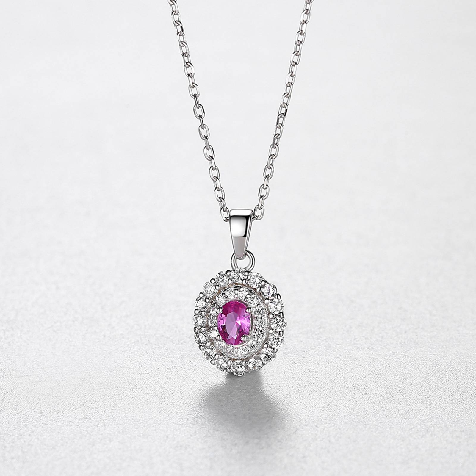 Colier lantisor din argint rotund elegant cu safir roz si cristale zirconiu cesini cadou