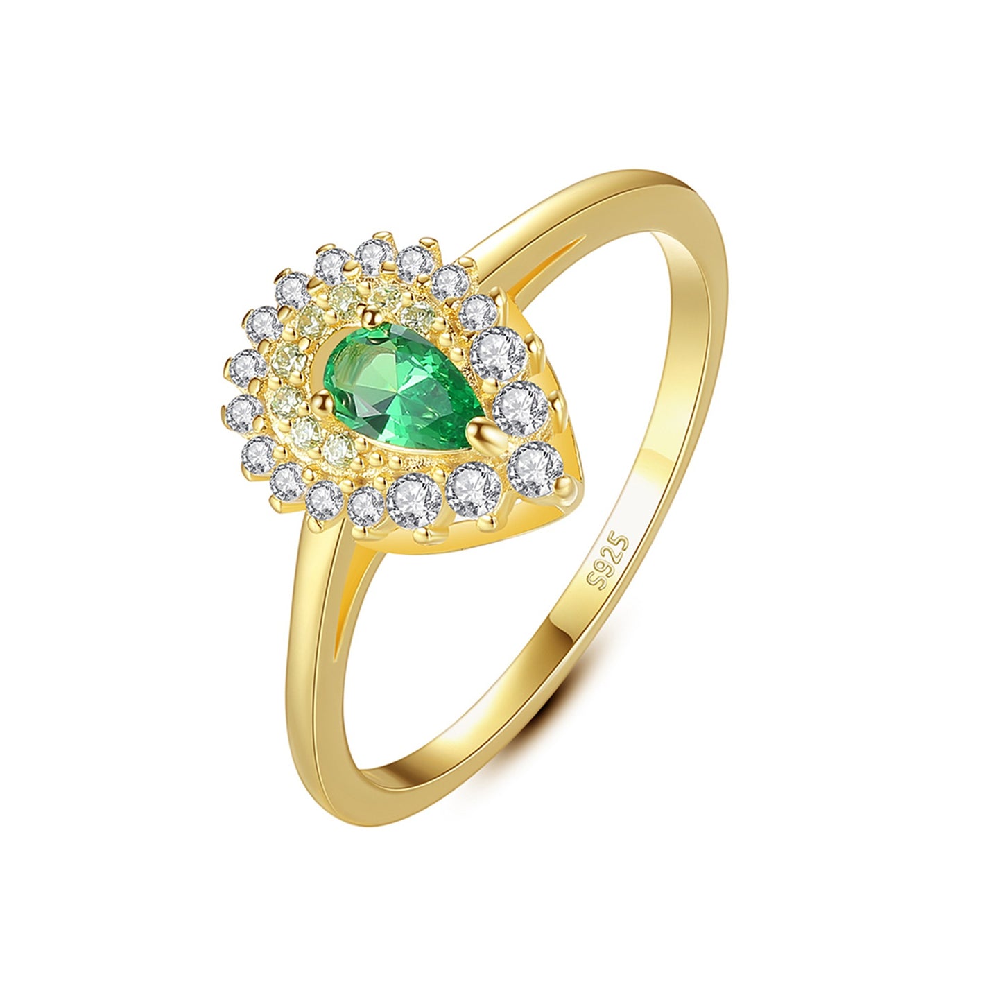Inel din argint elegant lacrima cu smarald verde si cristale zirconiu placat cu aur cesini