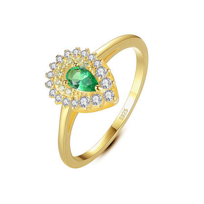 Inel din argint elegant lacrima cu smarald verde si cristale zirconiu placat cu aur cesini