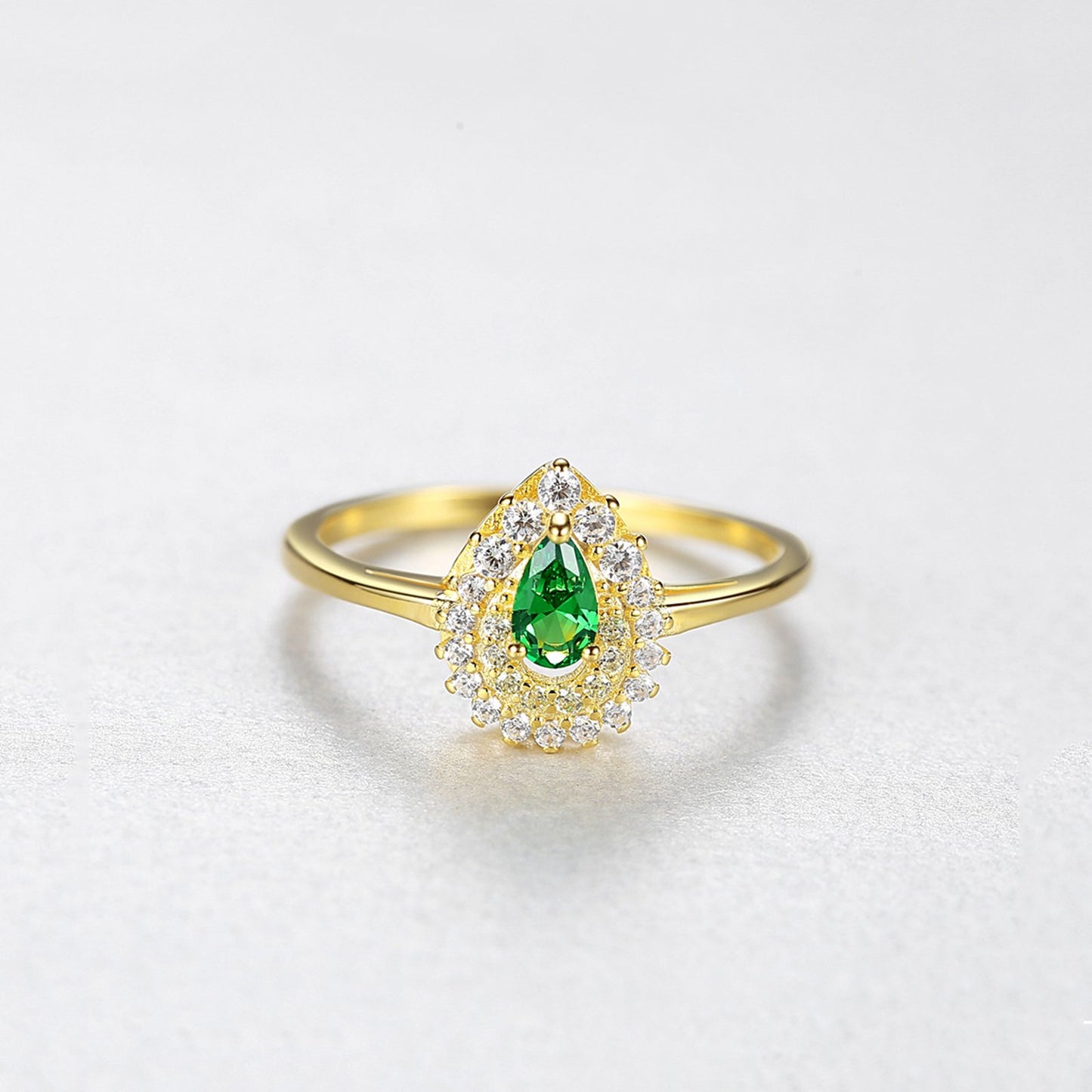 Inel din argint elegant lacrima cu smarald verde si cristale zirconiu placat cu aur cesini cadou