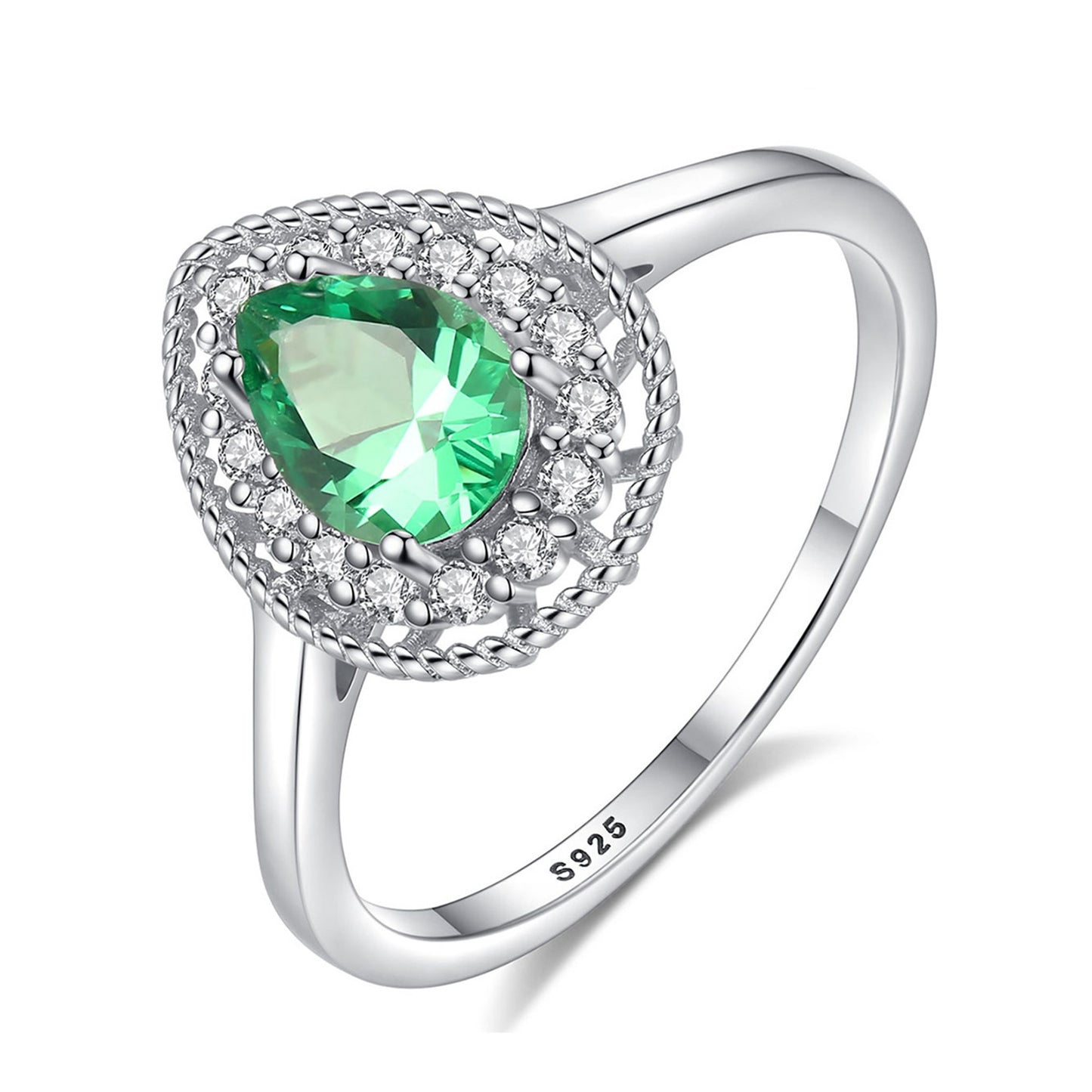 Inel din argint elegant lacrima cu smarald verde si cristale zirconiu cesini