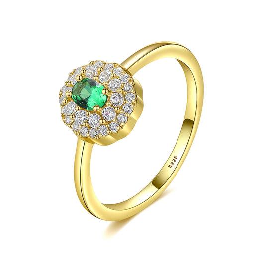 Inel din argint elegant placat cu aur cu smarald verde si cristale zirconiu cesini