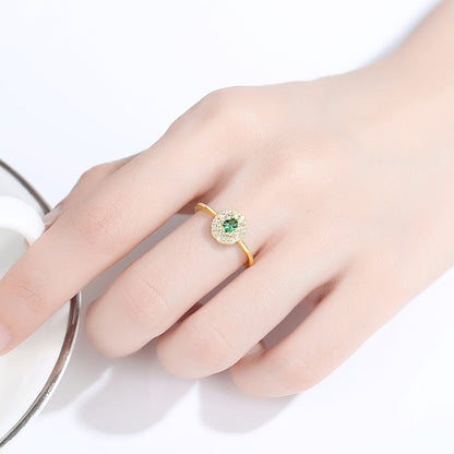 Inel din argint elegant placat cu aur cu smarald verde si cristale zirconiu cesini femei
