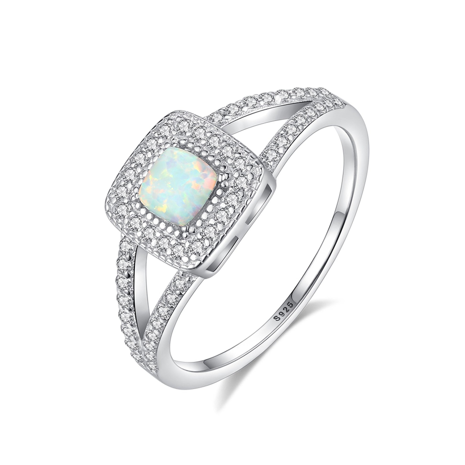 Inel din argint elegant patrat cu opal si cristale zirconiu cesini
