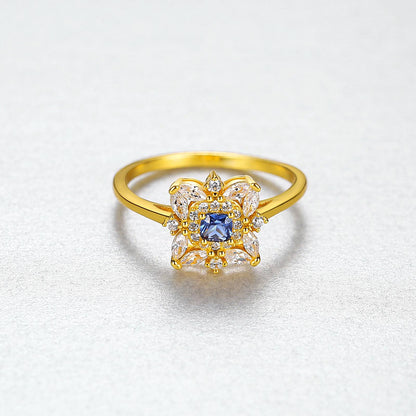 Inel din argint elegant placat cu aur cu safir albastru si cristale zirconiu cesini cadou