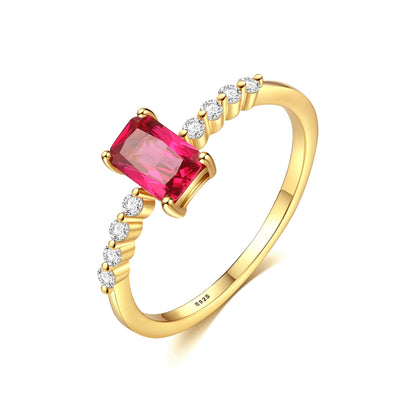 Inel din argint elegant rectangular placat cu aur cu rubin rosu si cristale zirconiu cesini