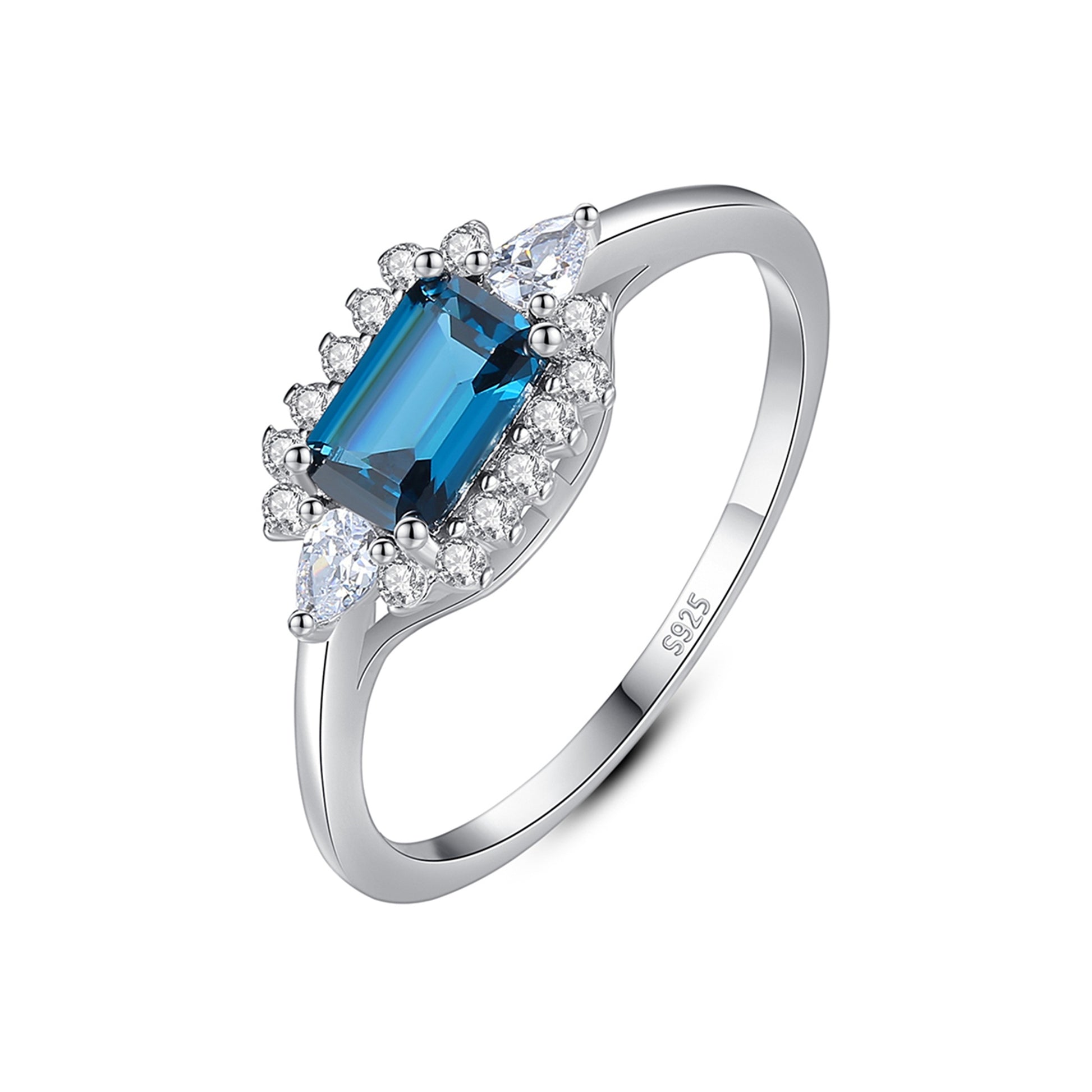 Inel din argint elegant rectangular cu safir albastru si cristale zirconiu cesini