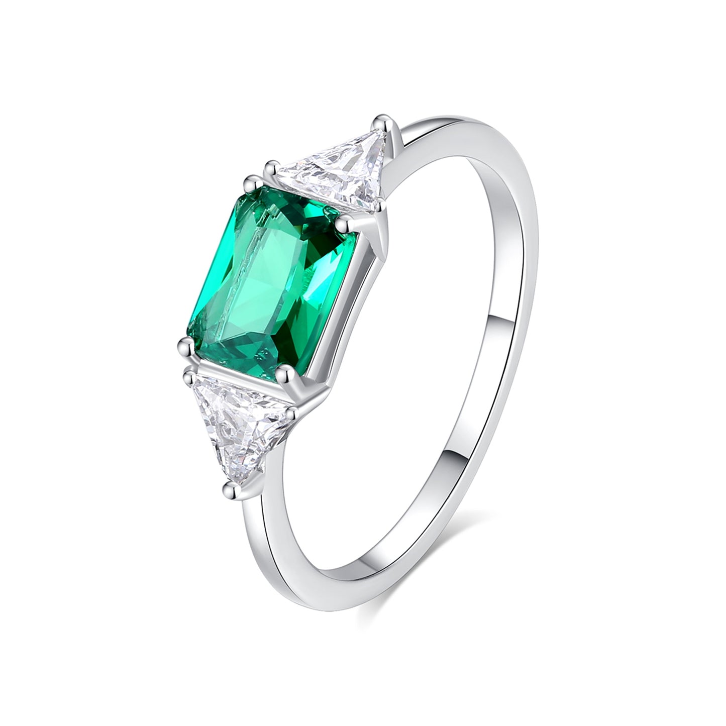 Inel din argint elegant rectangular cu smarald verde si cristale zirconiu cesini
