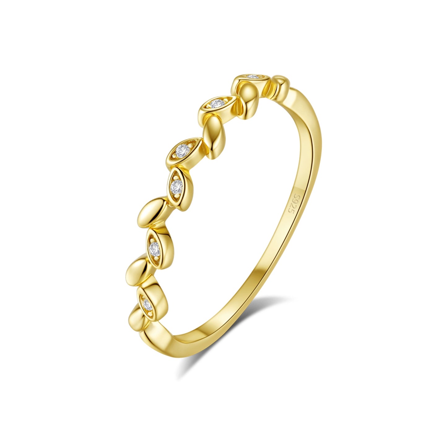 Inel din argint reglabil placat cu aur frunze cu cristale zirconiu cesini