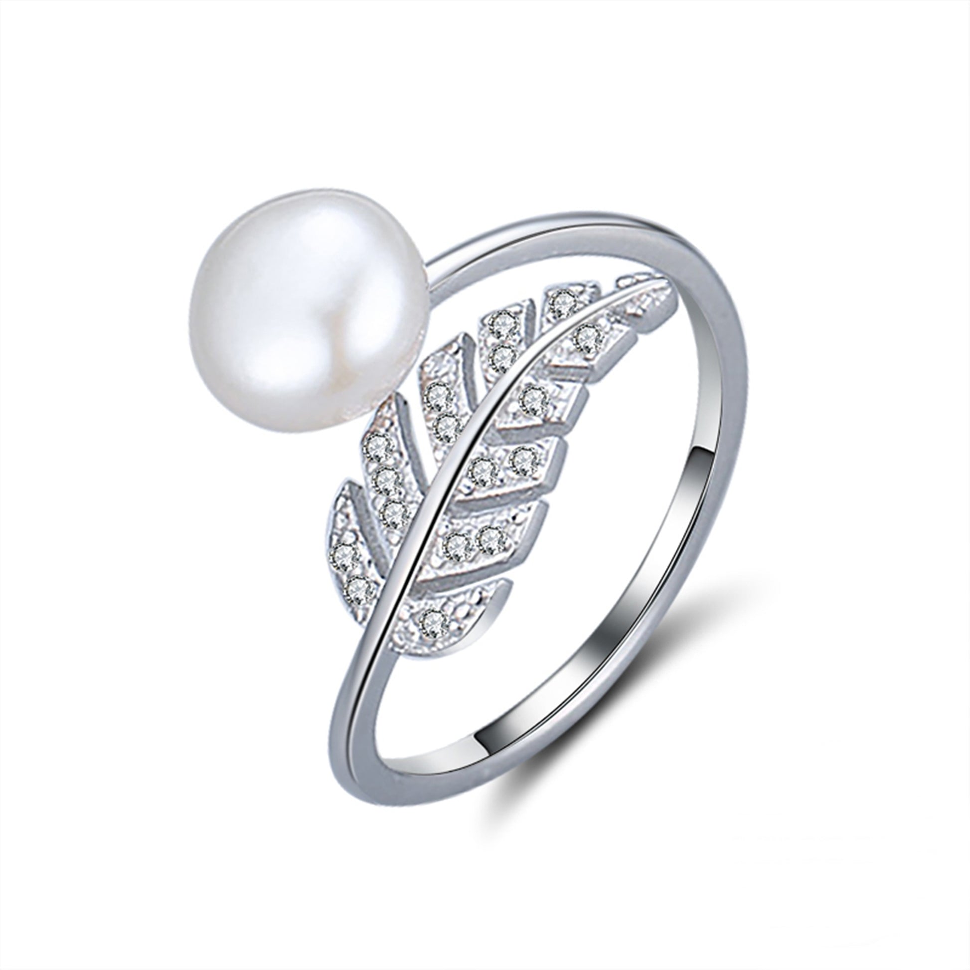 Inel din argint elegant reglabil cu perle naturale si frunza cu cristale zirconiu cesini