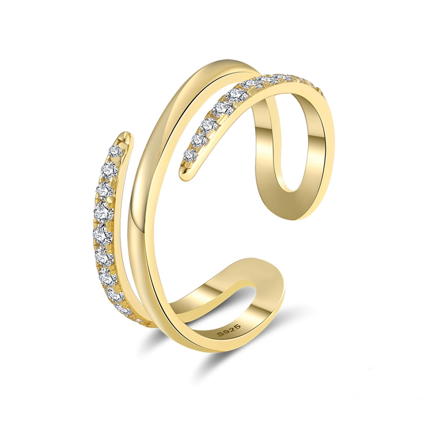 Inel din argint elegant dublu reglabil placat cu aur cu cristale zirconiu cesini