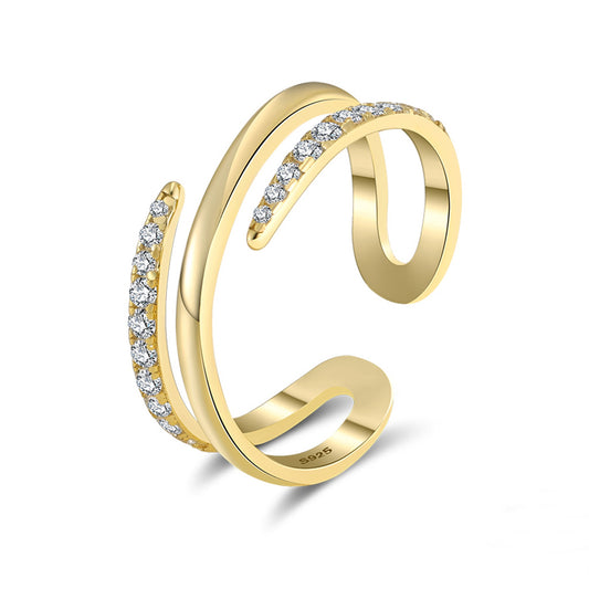 Inel din argint elegant dublu reglabil placat cu aur cu cristale zirconiu cesini