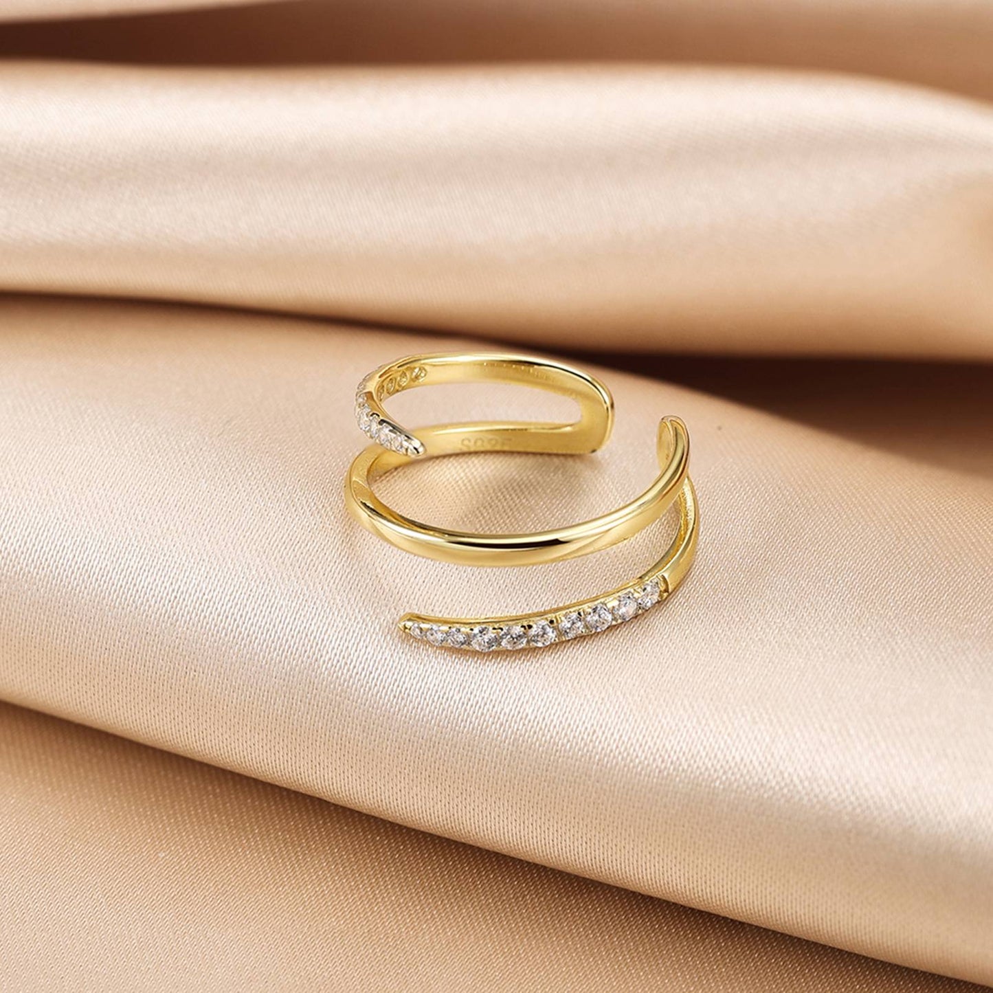 Inel din argint elegant dublu reglabil placat cu aur cu cristale zirconiu cesini cadou