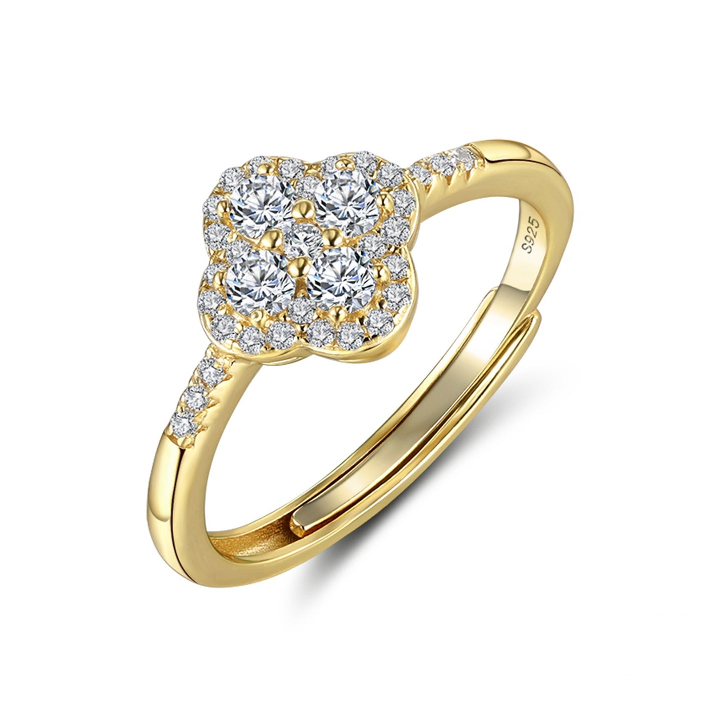 Inel din Argint placat cu aur reglabil cu trifoi clover si cristale zirconiu cesini