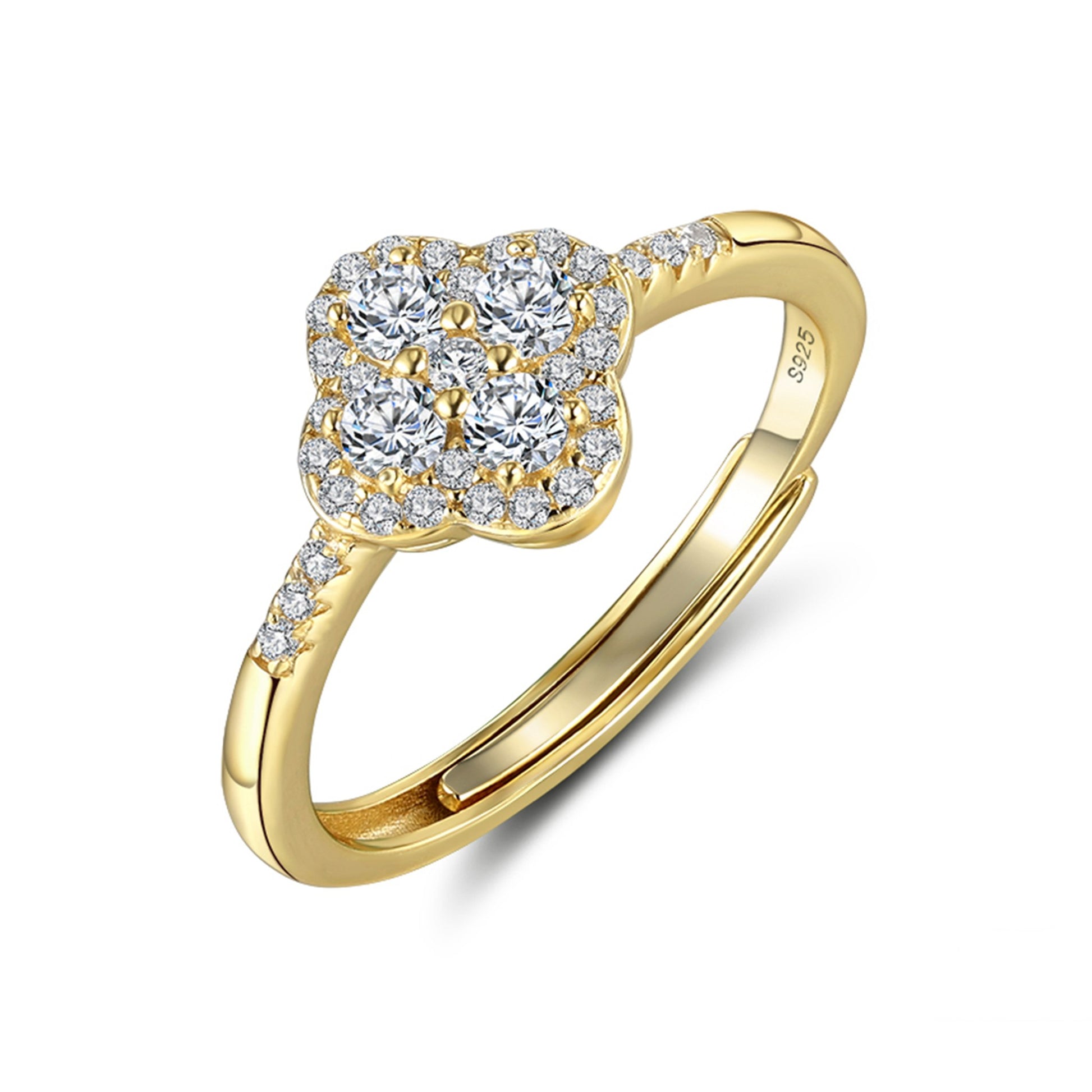 Inel din Argint placat cu aur reglabil cu trifoi clover si cristale zirconiu cesini