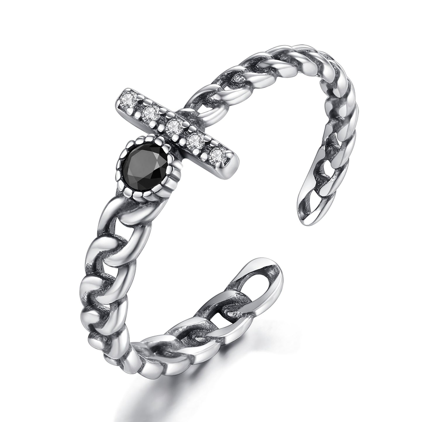 Inel din argint vintage reglabil cu onix negru si cristale zirconiu cesini