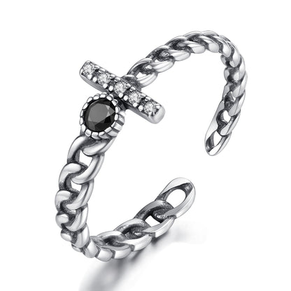 Inel din argint vintage reglabil cu onix negru si cristale zirconiu cesini