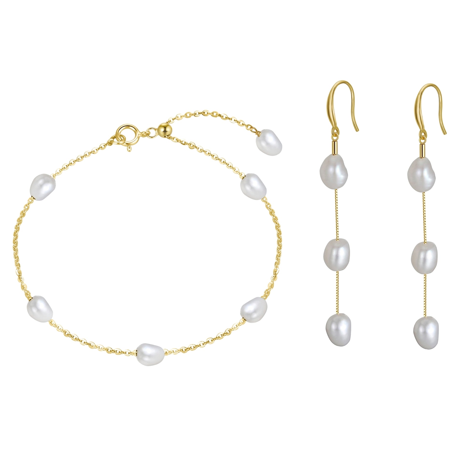 Set din argint elegant placat cu aur cercei si bratara cu perle naturale cesini