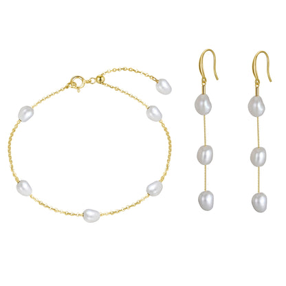 Set din argint elegant placat cu aur cercei si bratara cu perle naturale cesini