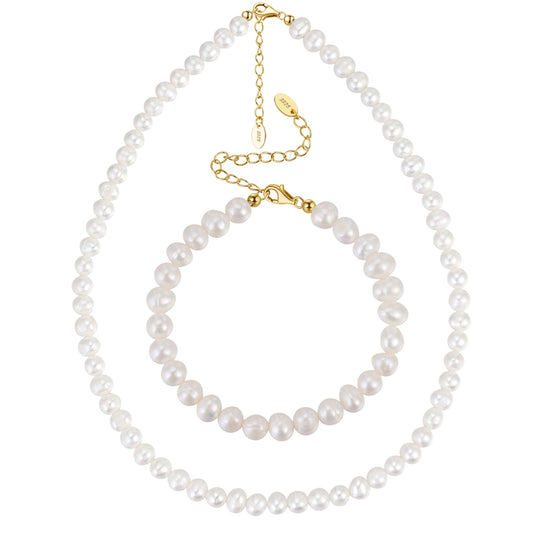 Set din argint elegant colier si bratara cu perle naturale placat cu aur cesini