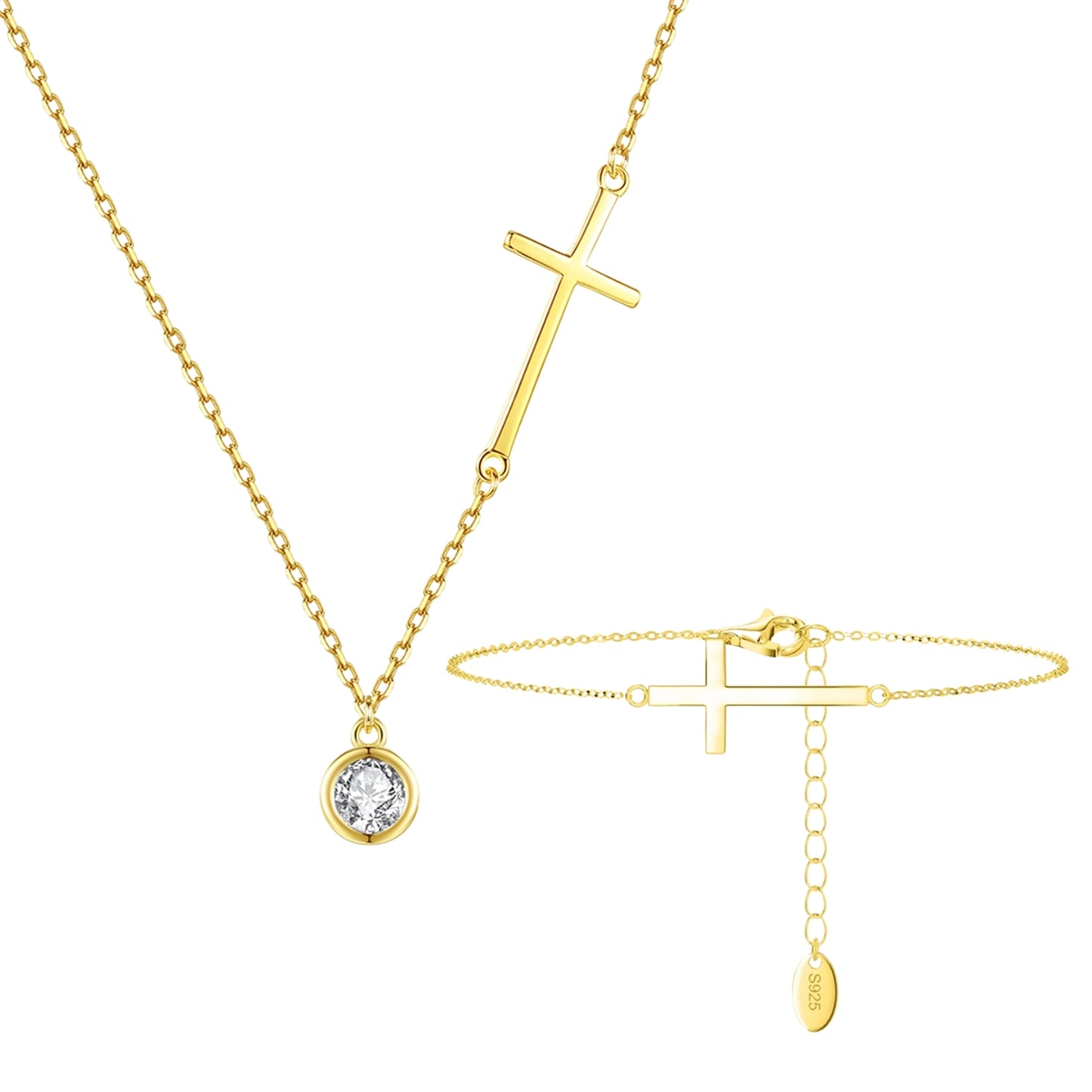 Set din argint elegant placat cu aur colier si bratara cu cruciulita si cristale zirconiu cesini