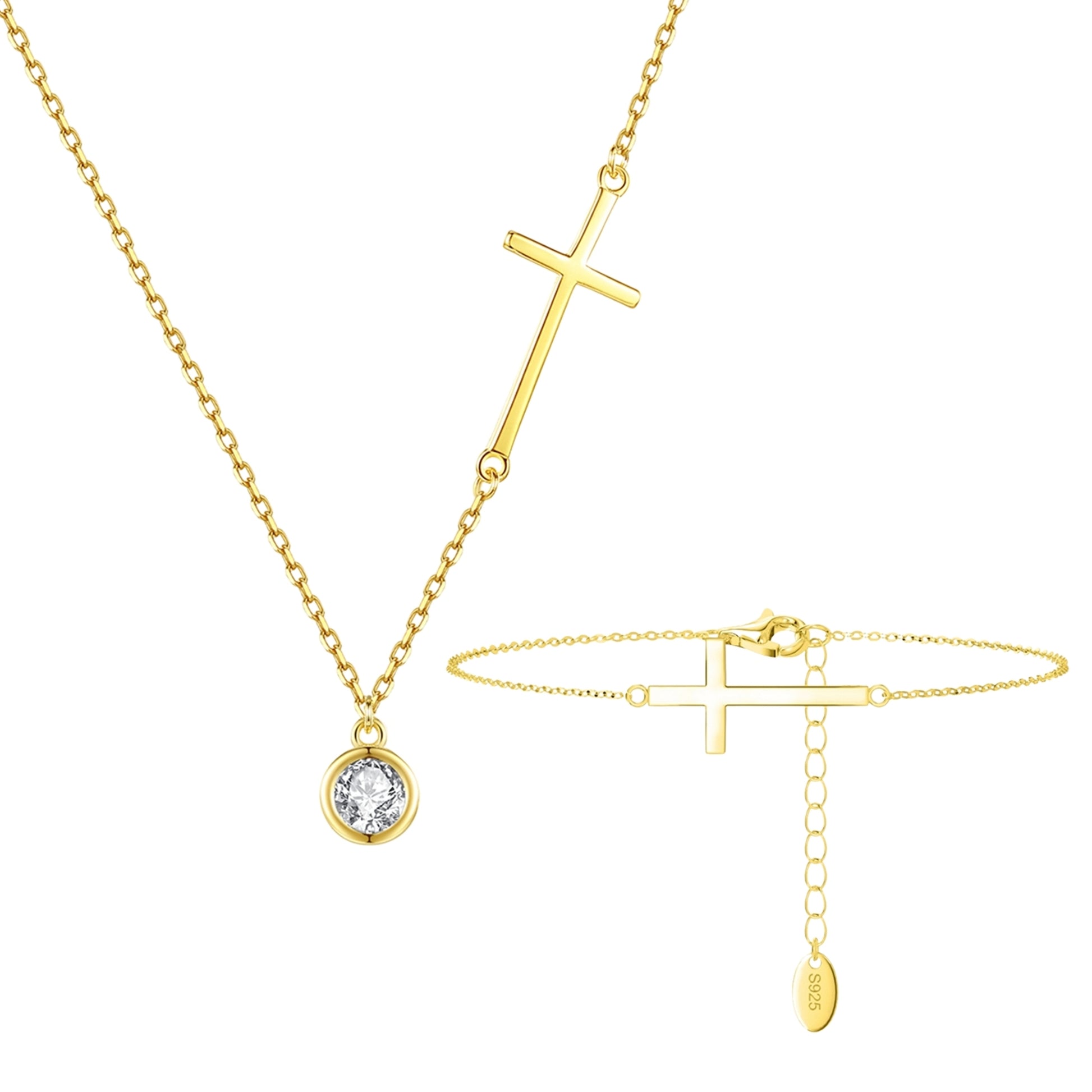 Set din argint elegant placat cu aur colier si bratara cu cruciulita si cristale zirconiu cesini