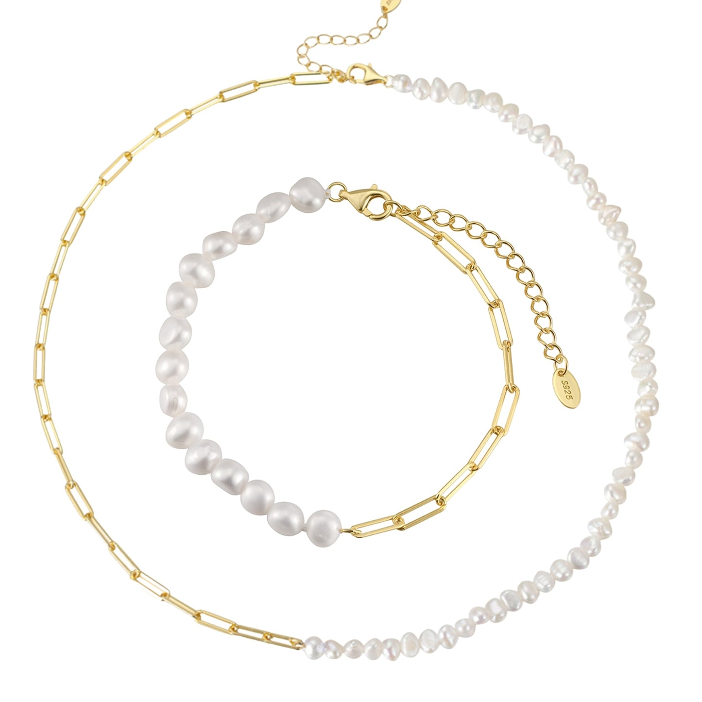 Set din argint elegant colier si bratara cu perle naturale placat cu aur cesini