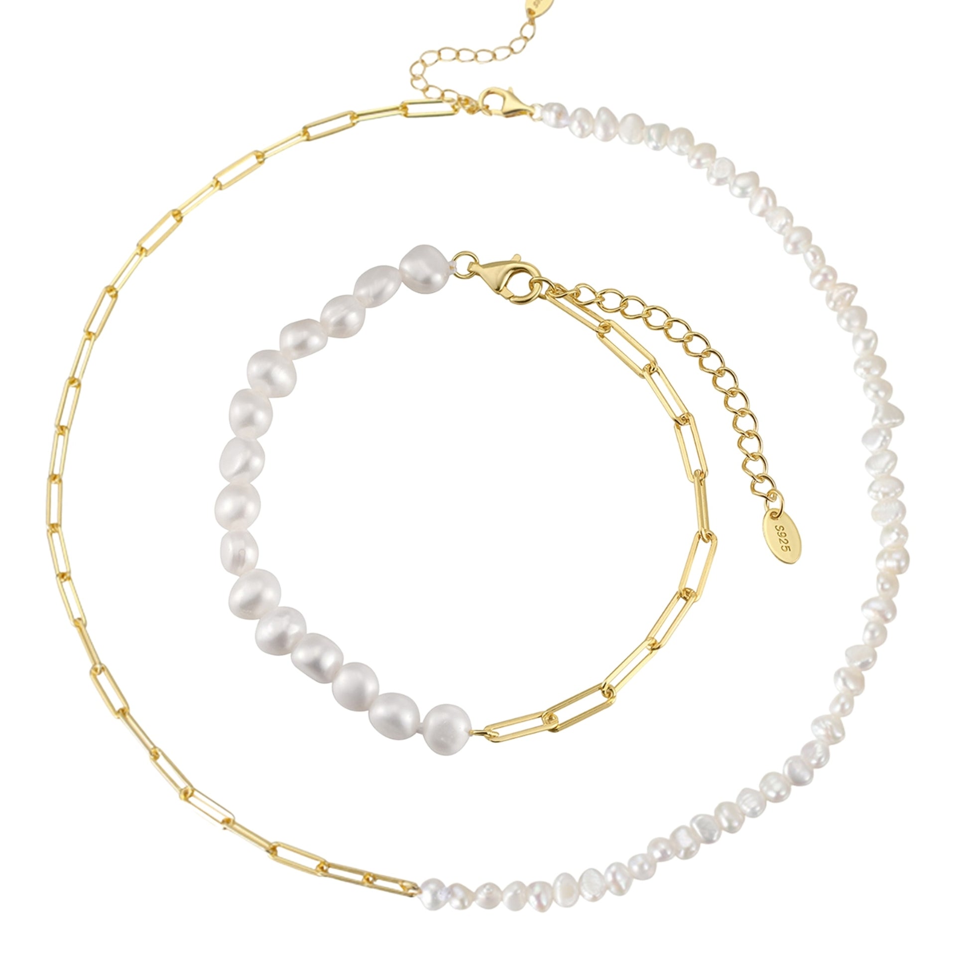 Set din argint elegant colier si bratara cu perle naturale placat cu aur cesini