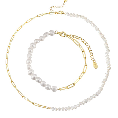 Set din argint elegant colier si bratara cu perle naturale placat cu aur cesini