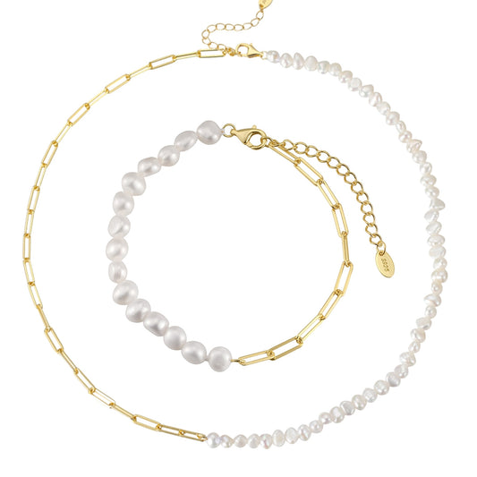 Set din argint elegant colier si bratara cu perle naturale placat cu aur cesini