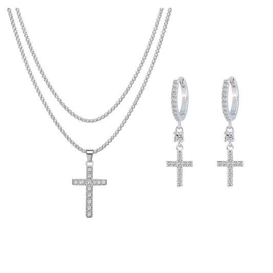 Set din argint colier si cercei cruce cu zirconiu cesini