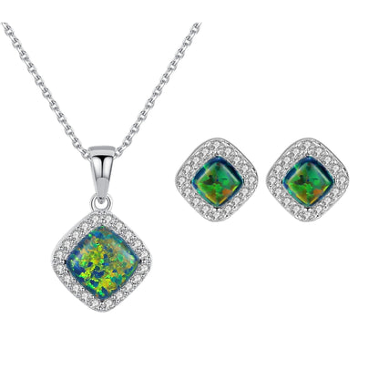 Set din argint geometric colier si cercei cu opal si zirconiu cesini