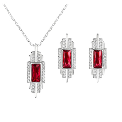 Set din argint colier si cercei elegant geometric cu rubin rosu si cristale zirconiu cesini