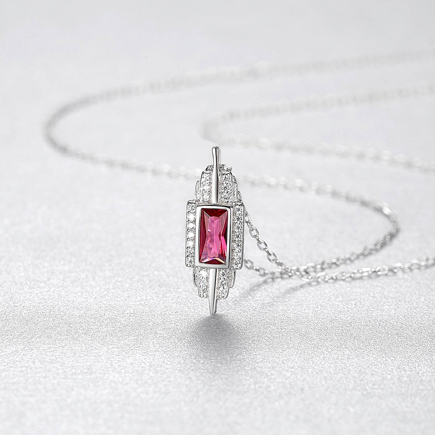 Set din argint colier si cercei elegant geometric cu rubin rosu si cristale zirconiu cesini cadou